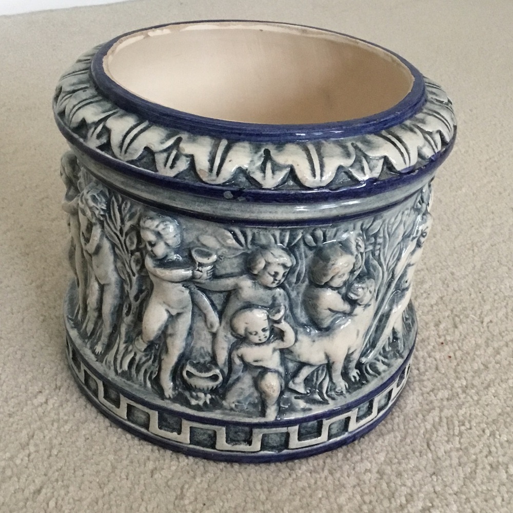 Vintage Blue and Cream Ceramic Cherub Cachepot - Decorative Planter